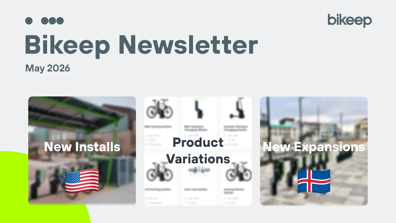 Bikeep Newsletter May 2026 cover with installations in the USA, product variations and expansion in Iceland