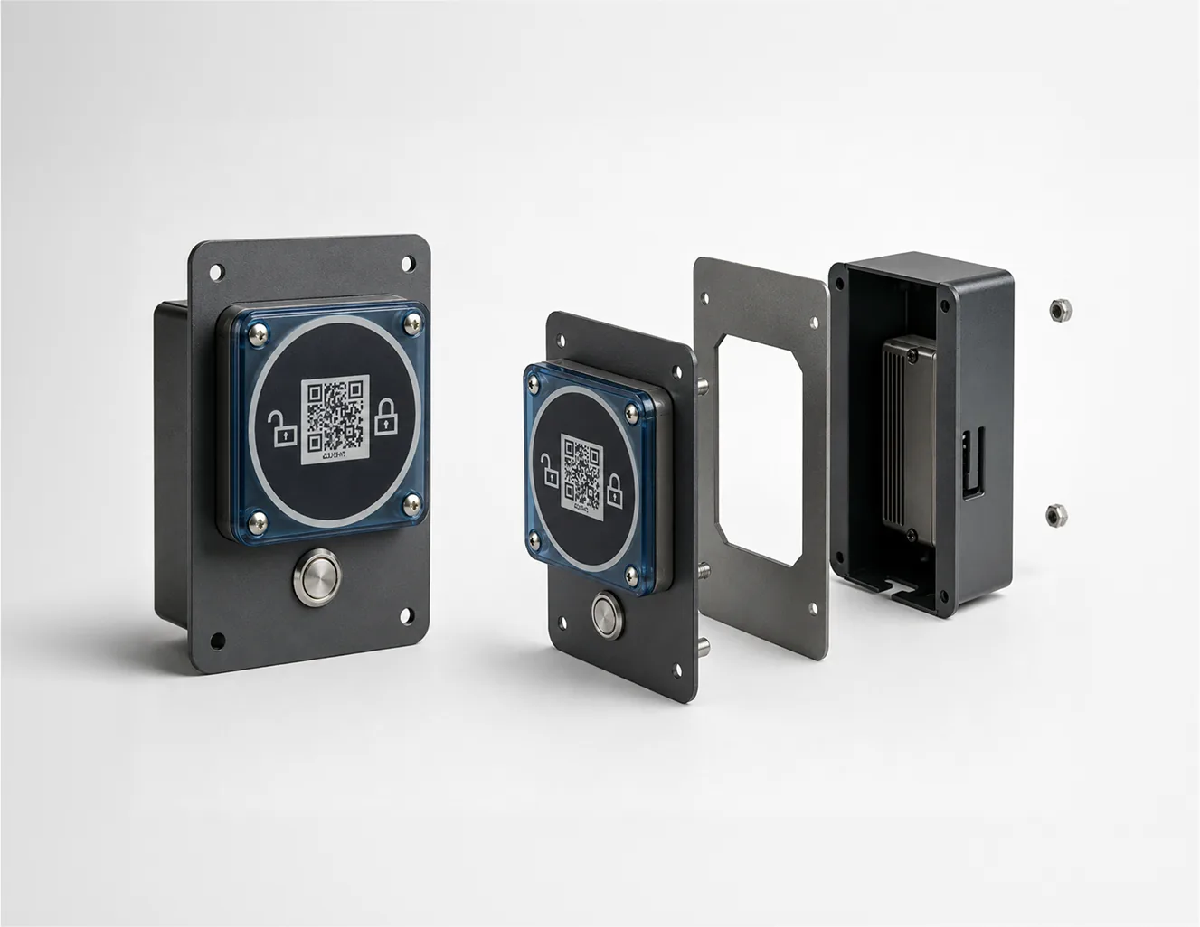 Bikeep L3 Smart Unit exploded view — IoT controller, electronic lock strike, RFID/NFC reader, and global SIM module