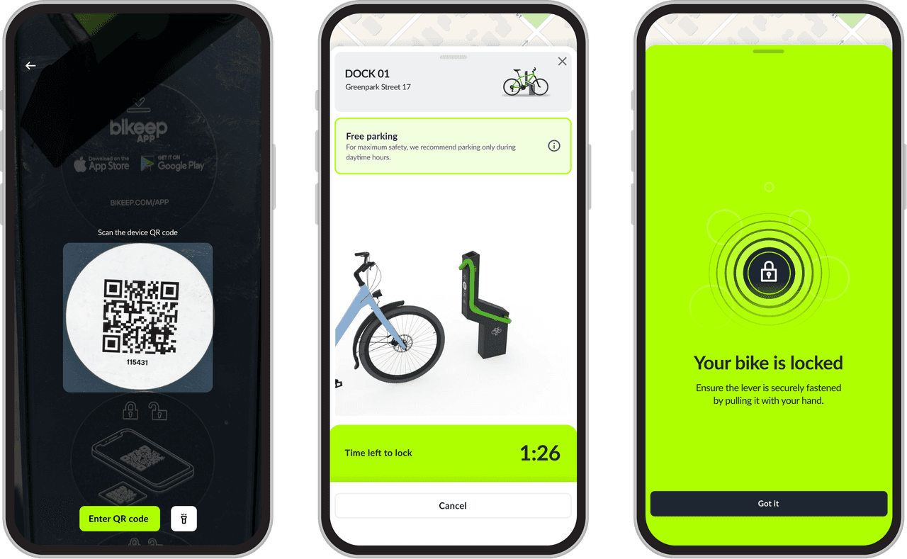 Bikeep app screens showing station map, QR scan, and parking confirmation
