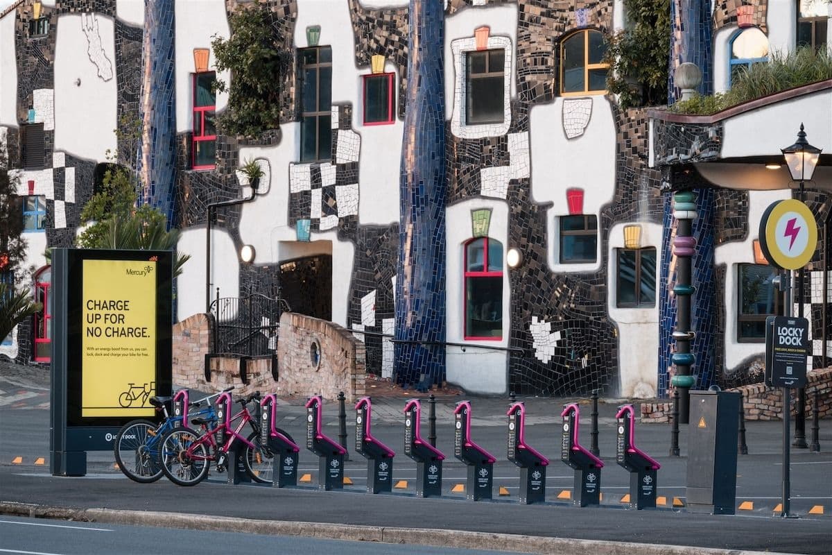 Row of Bikeep e-bike charging docks at a public street station