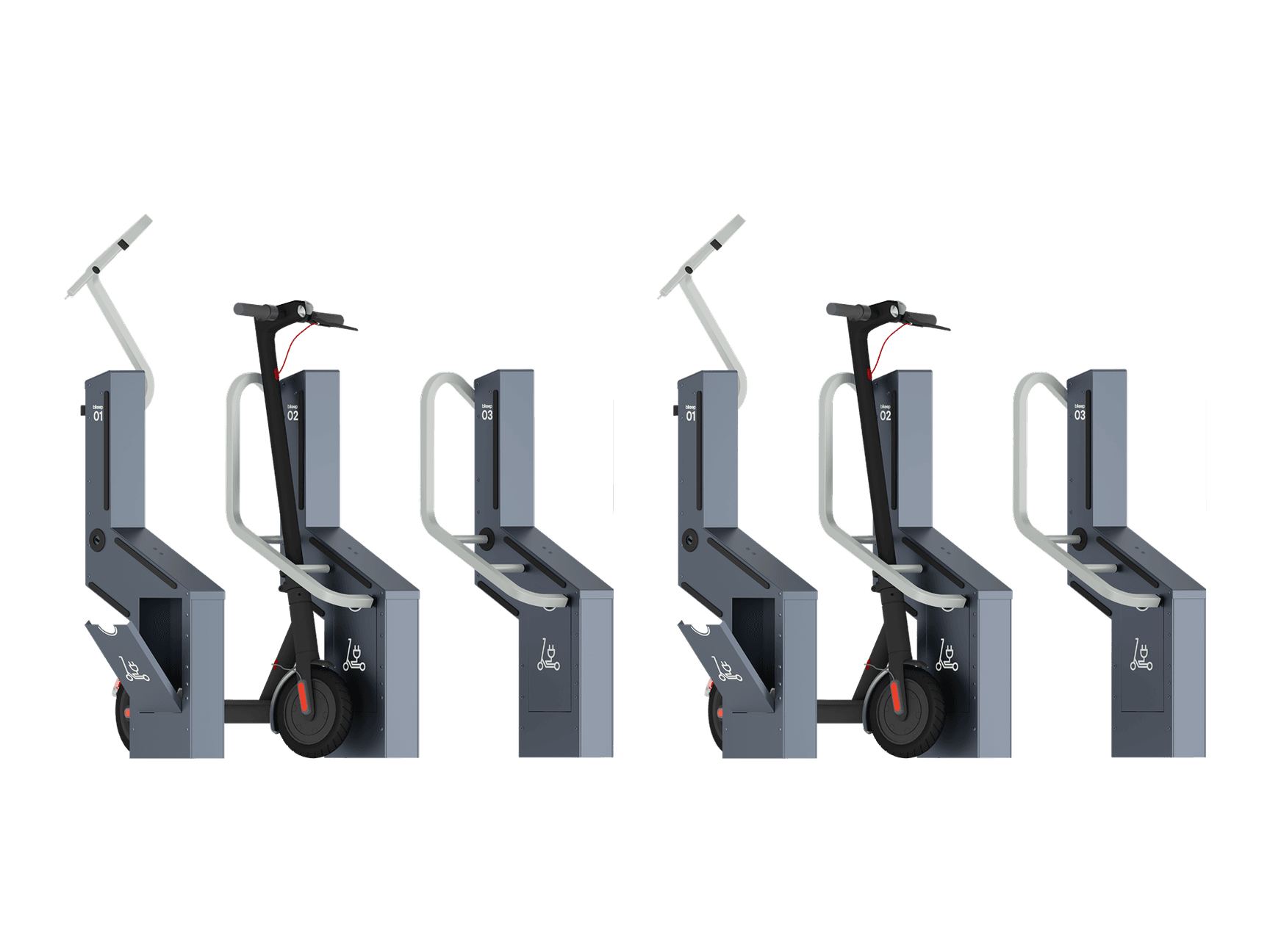 Two Bikeep e-scooter charging stations with scooters plugged in
