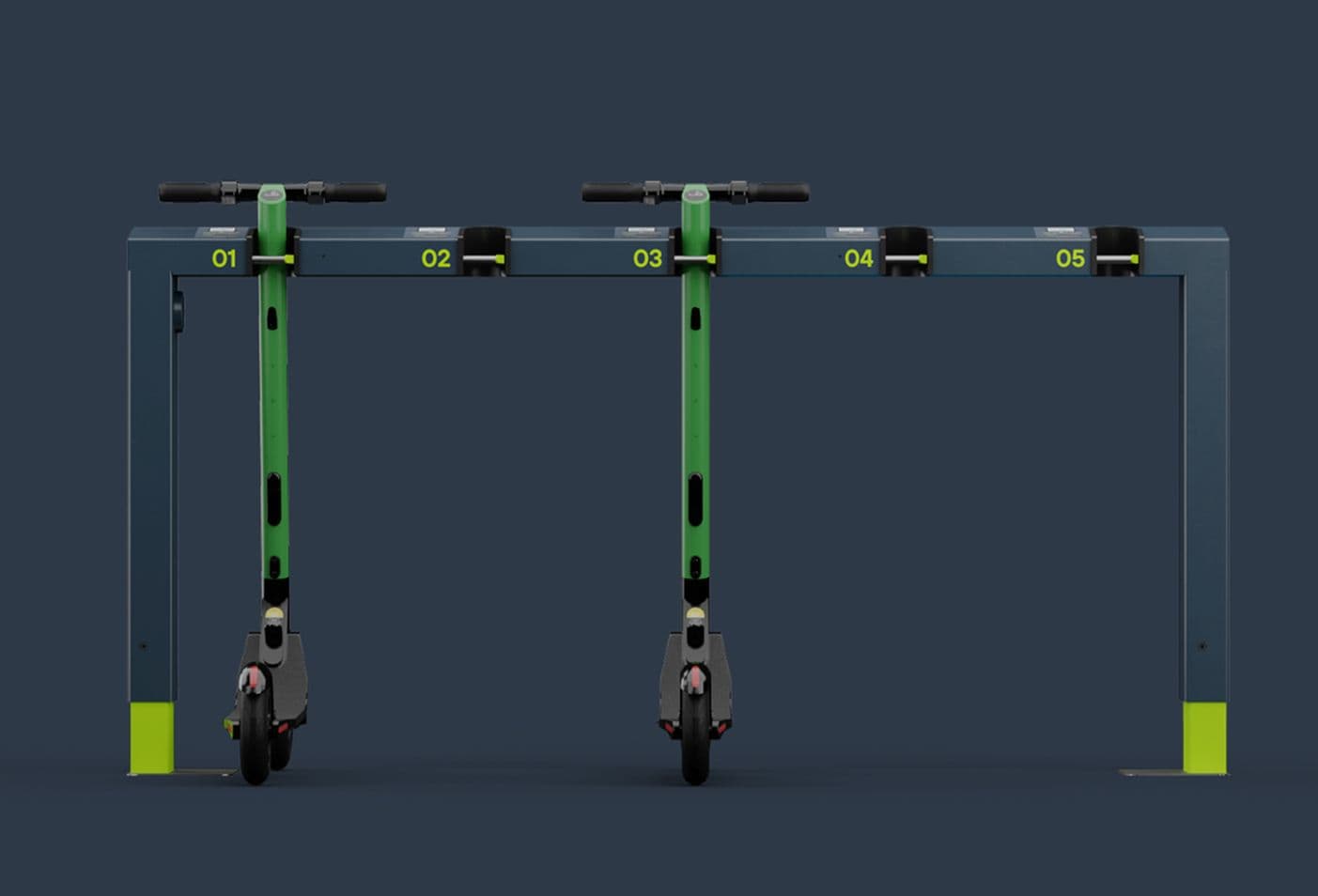 Front view of the Bikeep scooter parking station with stem locks