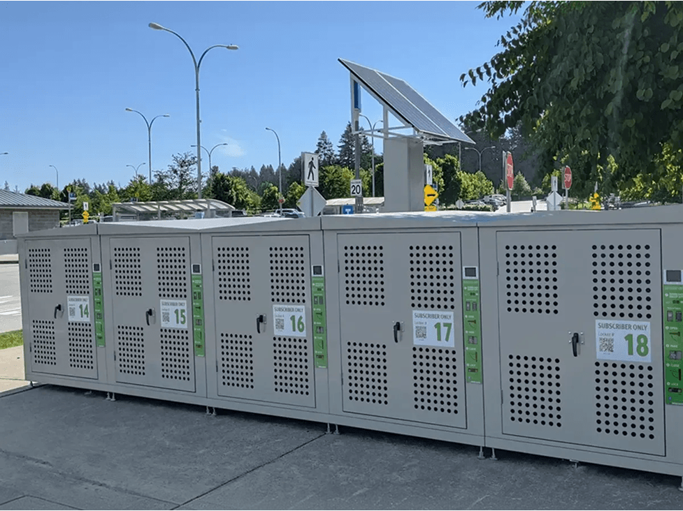 Solar-powered smart bike lockers at a Metro Vancouver transit station