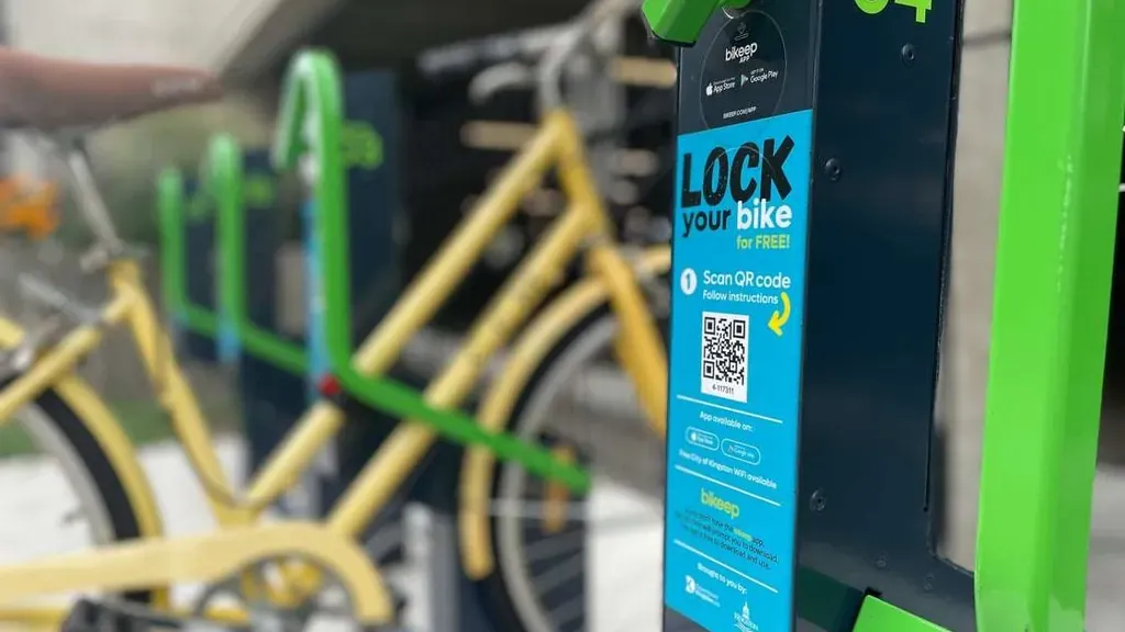 Bicycles locked in Bikeep secure bike parking docks outside the Chown Parking Garage on Brock Street in downtown Kingston, Ontario