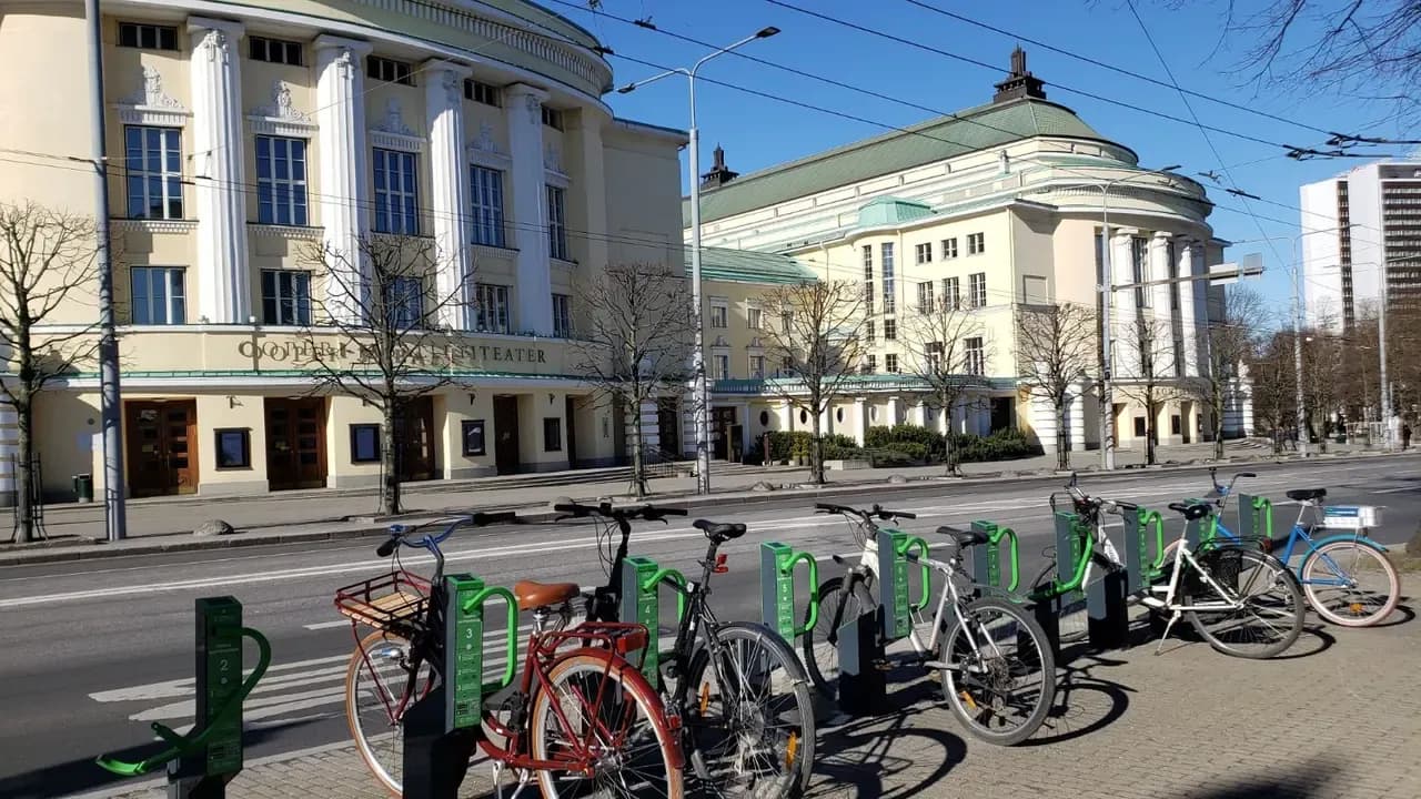 A Bikeep smart bike parking station with green docks opposite the Estonia Theatre in central Tallinn